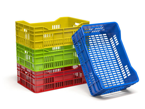 Stack of empty plastic crate or box for fruits and vegetables isolated on white. 3d illustration
